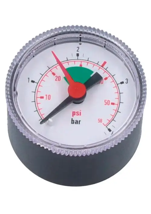 Manometer von Judo mit einem skalierten Ziffernblatt, das Druck in psi und bar anzeigt. Die Nadel zeigt den aktuellen Druckwert an.